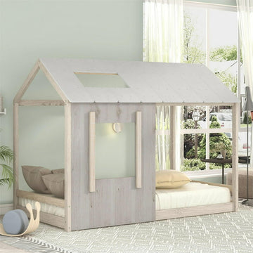 Kids Twin Size Classic Wood House Platform Bed with Roof and Window